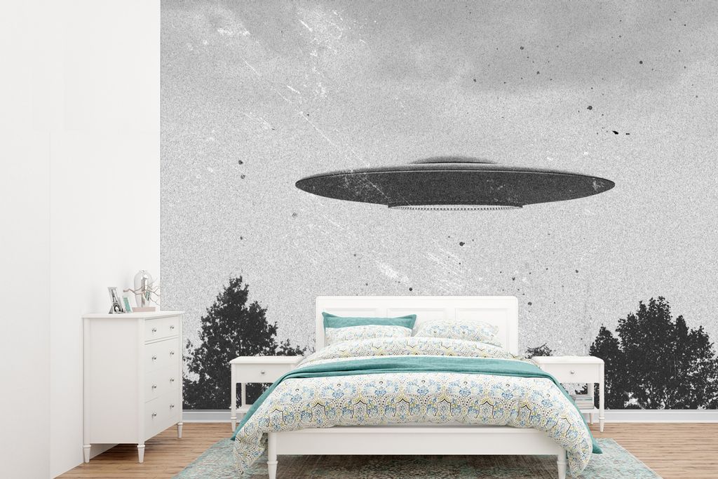 MuchoWow Fototapete für Wohnzimmer oder Schlafzimmer Wandtapete Vinyl Motivtapete Ufo - Vintage - Baum - Schwarz - Weiß - 360x260 cm - Wohnzimm...