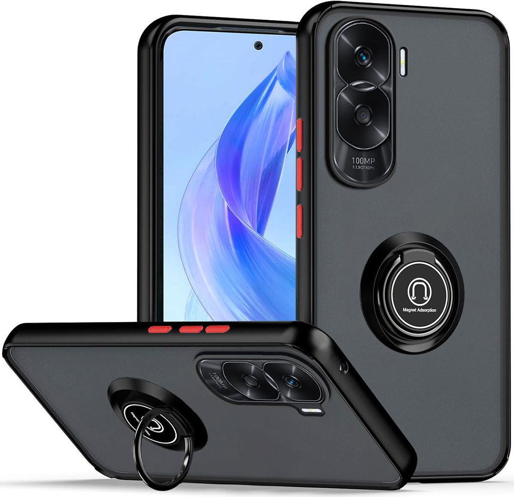 Hülle für Honor 90 Lite 5G Ring Halter Ständer Matte Transluzent TPU Bumper Stoßfest Schutzhülle Schwarz Rot