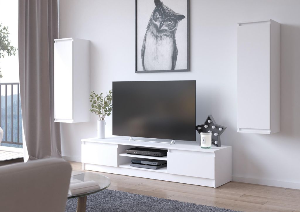 Wohnwand – Wohnwand komplett – CLP – 3 Teile – Weiß Matt – TV-Board – 2× Hängeschränk – Moderner Möbelset mit TV-Board und Hän...
