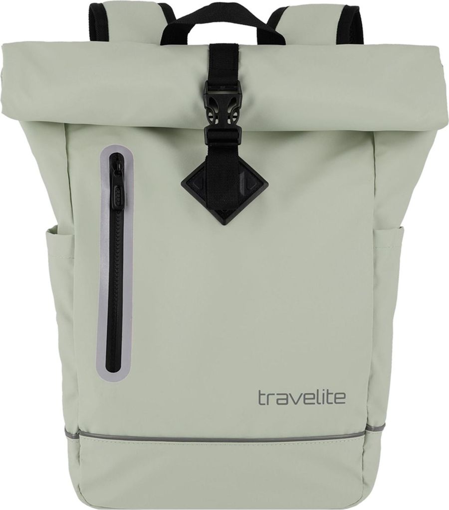 A light green roll-top backpack is shown against a white background.