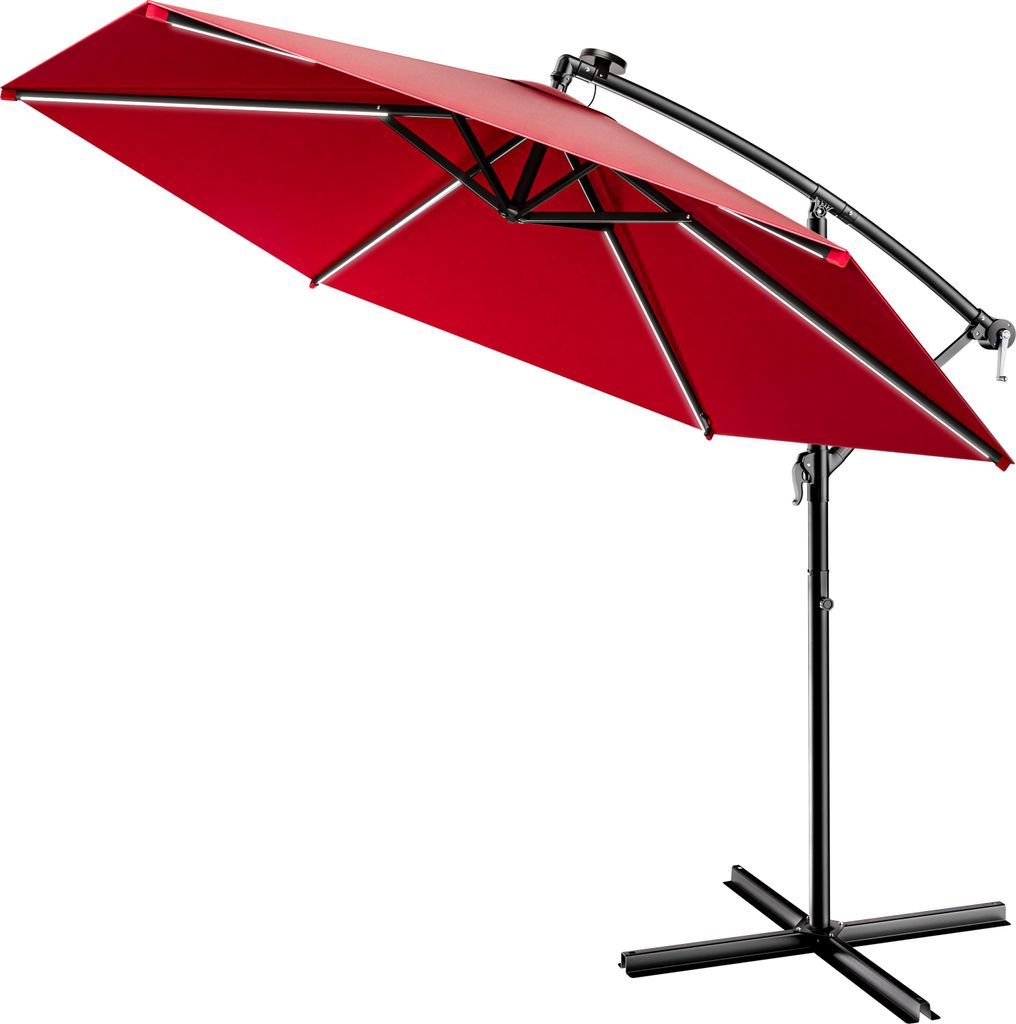 KINGSLEEVE Ampelschirm LED Beleuchtung UV Schutz 80+ Solar Ständer Schutzhülle 350cm Groß Kurbel Balkon Terrasse Gartenschirm Sonnenschirm Rot
