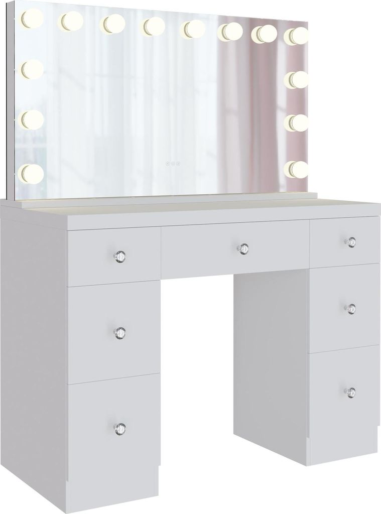 Schminktisch Holz Hollywood-Spiegel 14 LEDs dimmbar 3 Lichtmodi USB 7 Schubladen 144x110x49 cm