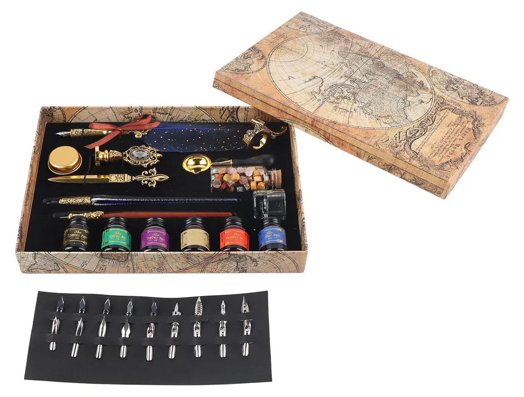 Coffret écriture rétro saphir plume d'eau et sceau de cire antique