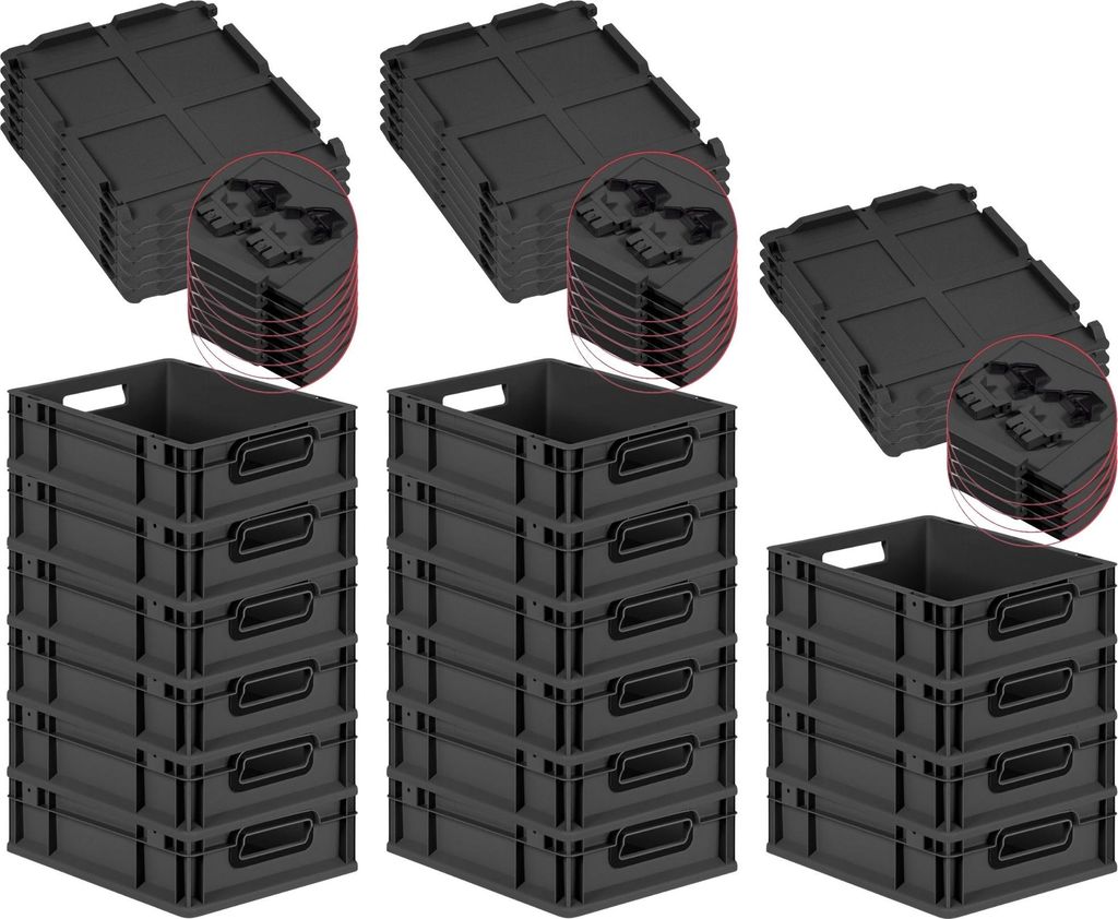 SuperSparSet 16x Eurobox NextGen Color mit Scharnierdeckel und Schiebeschnappverschlüssen | HxBxT 12x30x40cm | 11 Liter | Schwarz | Griffe schwarz...