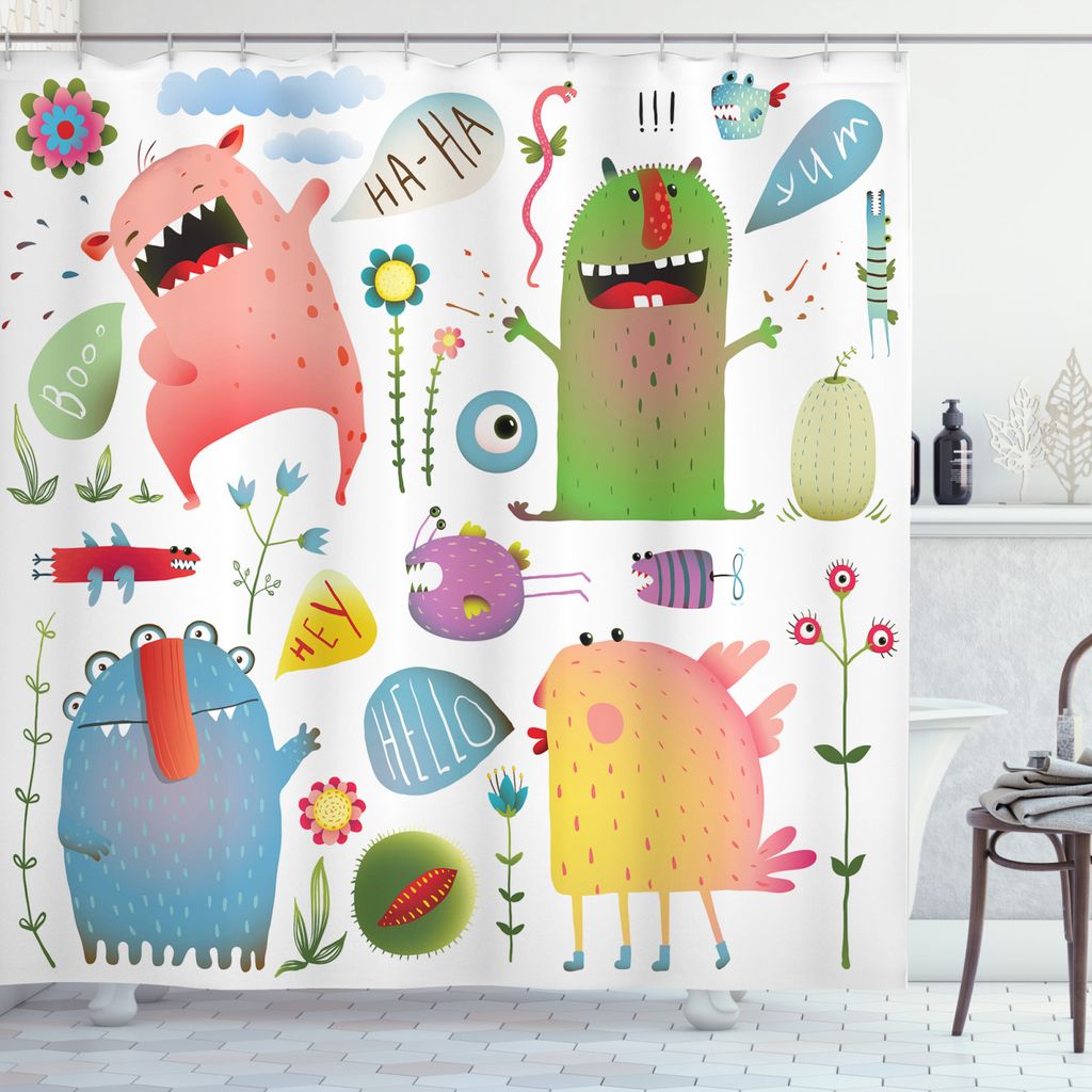 ABAKUHAUS Lustig Duschvorhang, Imaginary Creatures Fun, Wasser Blickdicht inkl.12 Ringe Langhaltig Bakterie und Schimmel Resistent, 175 x 240 cm, G...