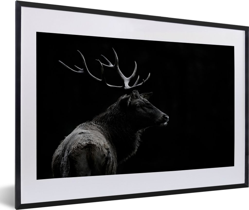 MuchoWow Gerahmtes Poster Hirsch - Schwarz - Porträt - Geweih - Tiere 60x40 cm - Poster mit Schwarzem Bilderrahmen Wandposter Rahmen Foto Bilder...