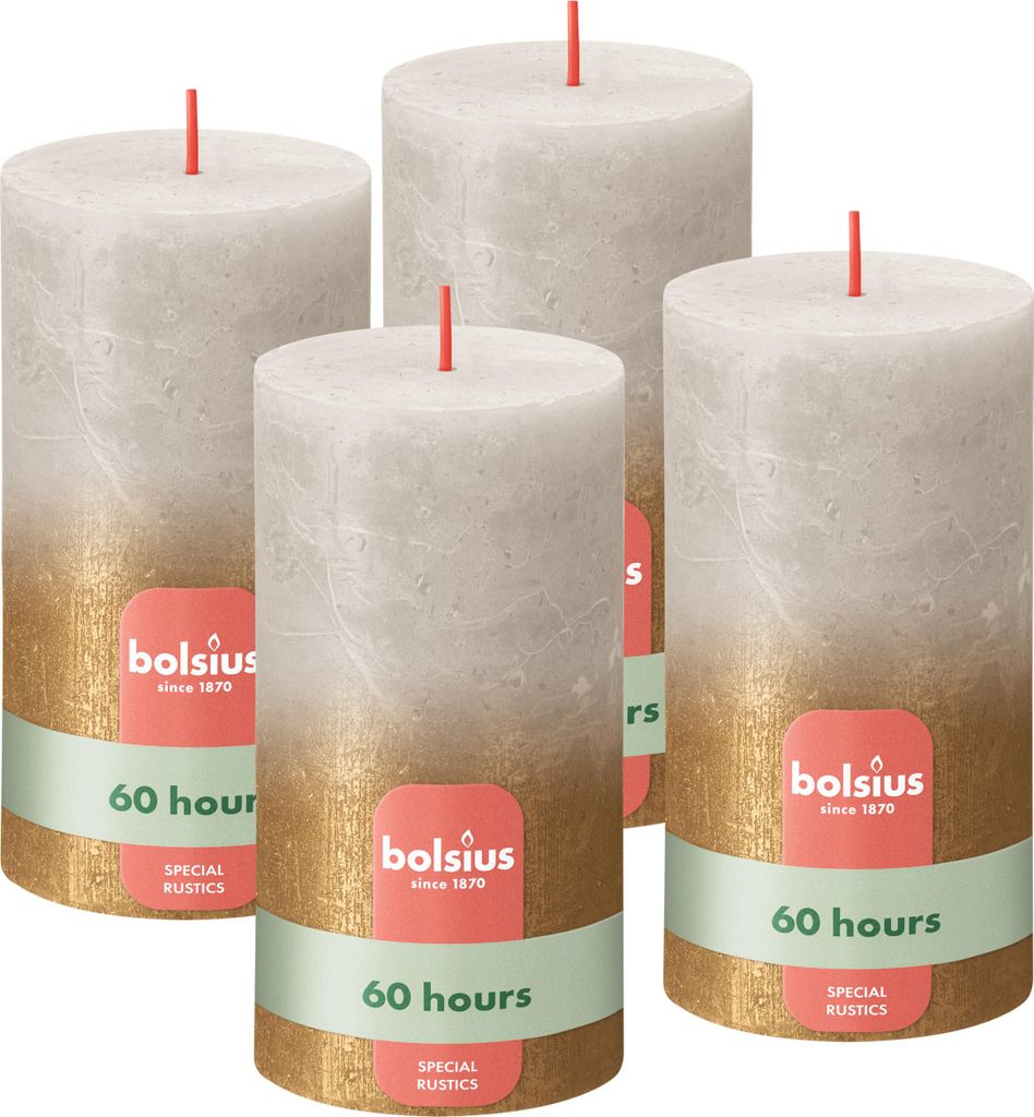 Bolsius 4er Set Kerzen, 13cm, grau - gold