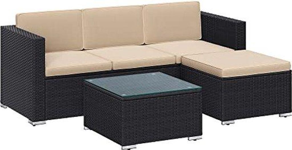 Terrassen-Lounge-Sofa-Set mit Kissen und Glas-Tisch - Balkon-Möbel - Rotan-Optik