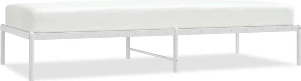 A white metal bed frame with a white mattress on top, shown against a white background.