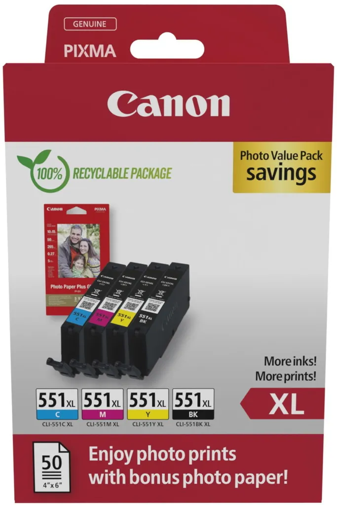 Multipack Canon CLI-551XL BK/C/M/Y + Carta Foto - Risparmio Immediato