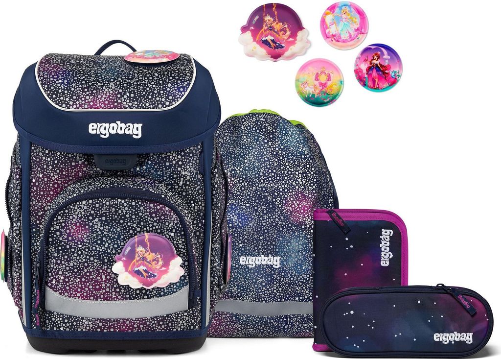 A collection of school supplies with a galaxy theme, including a backpack, a pencil case, and decorative patches.
