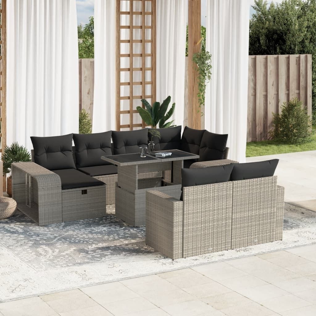 Industrie-Stil 11-tlg. Garten-Sofagarnitur Sofa Set mit Kissen Hellgrau Poly Rattan Terrassenmöbel2024 cloris
