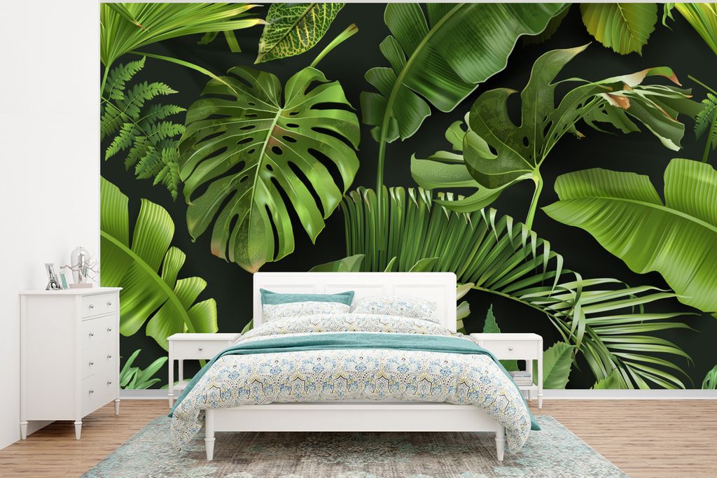 MuchoWow Fototapete für Wohnzimmer oder Schlafzimmer Wandtapete Vinyl Motivtapete Muster - Tropisch - Blätter - Jungen - Mädchen - Kinder - Ki...