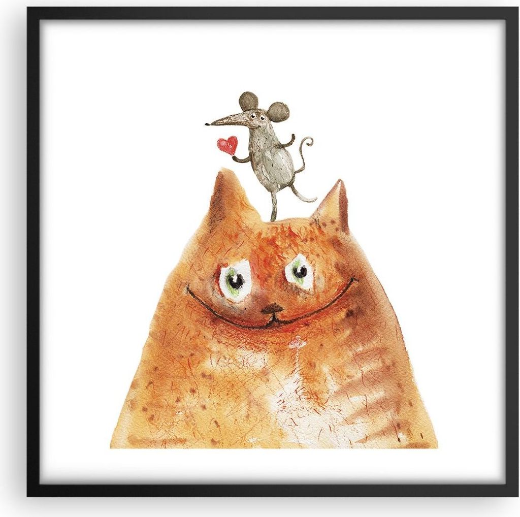 Gerahmtes Poster - Schwarzer Rahmen - Katze Maus Kinder - 50x50 cm - Wand Bild - Wanddeko - Wandbilder - Kunstposter - Wandposter - Bilderrahmen - ...