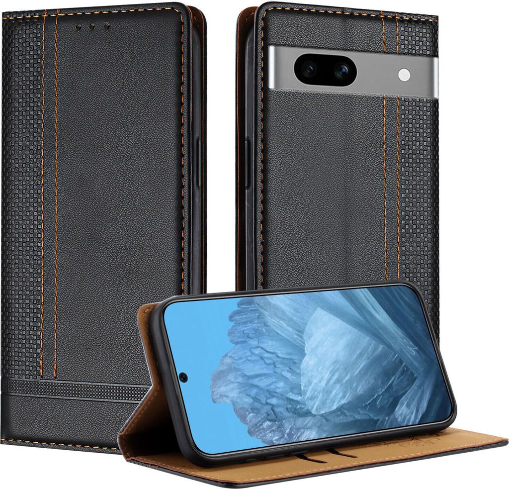 Handyhülle für Google Pixel 7A Leder Flip Klappbare Schutzhülle mit Standfunktion Schwarz