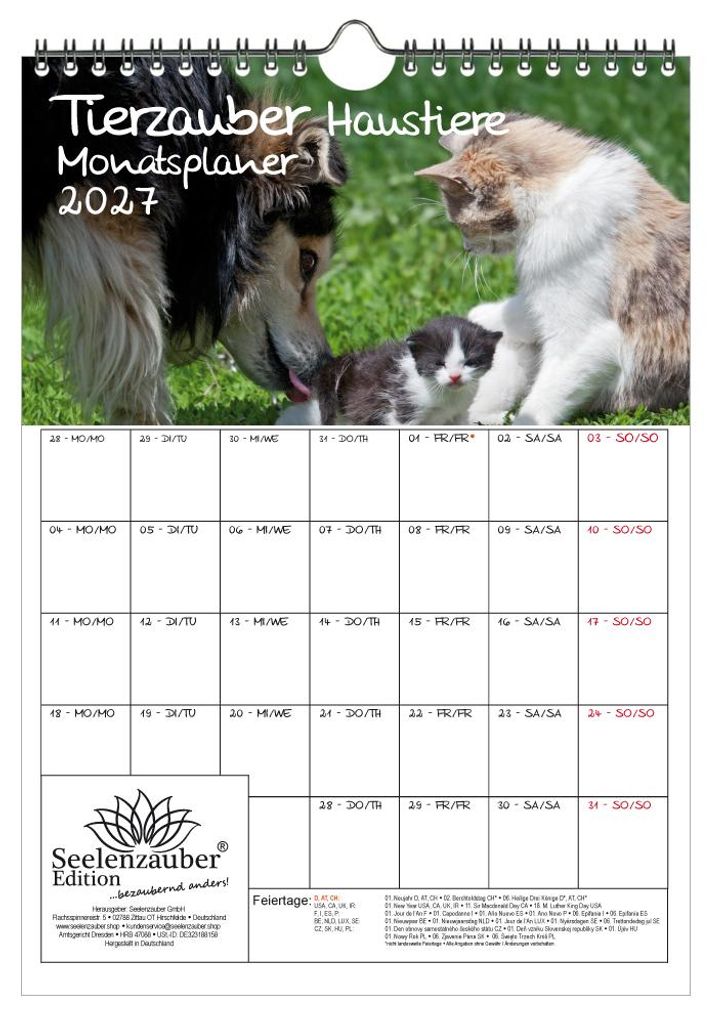 Tierzauber Haustiere Planer DIN A4 Kalender für 2027 - Geschenkset Inhalt: 1x Kalender, 1x Weihnachtsanhänger (insgesamt 2 Teile)