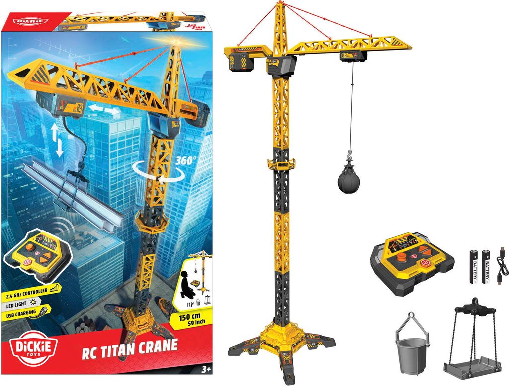 Dickie Toys - RC Titan Crane (150 cm) - Ferngesteuerter Spielzeug-Kran mit 360°-Drehung und interaktivem Zubehör, Spielkran mit Fernbedienung und...