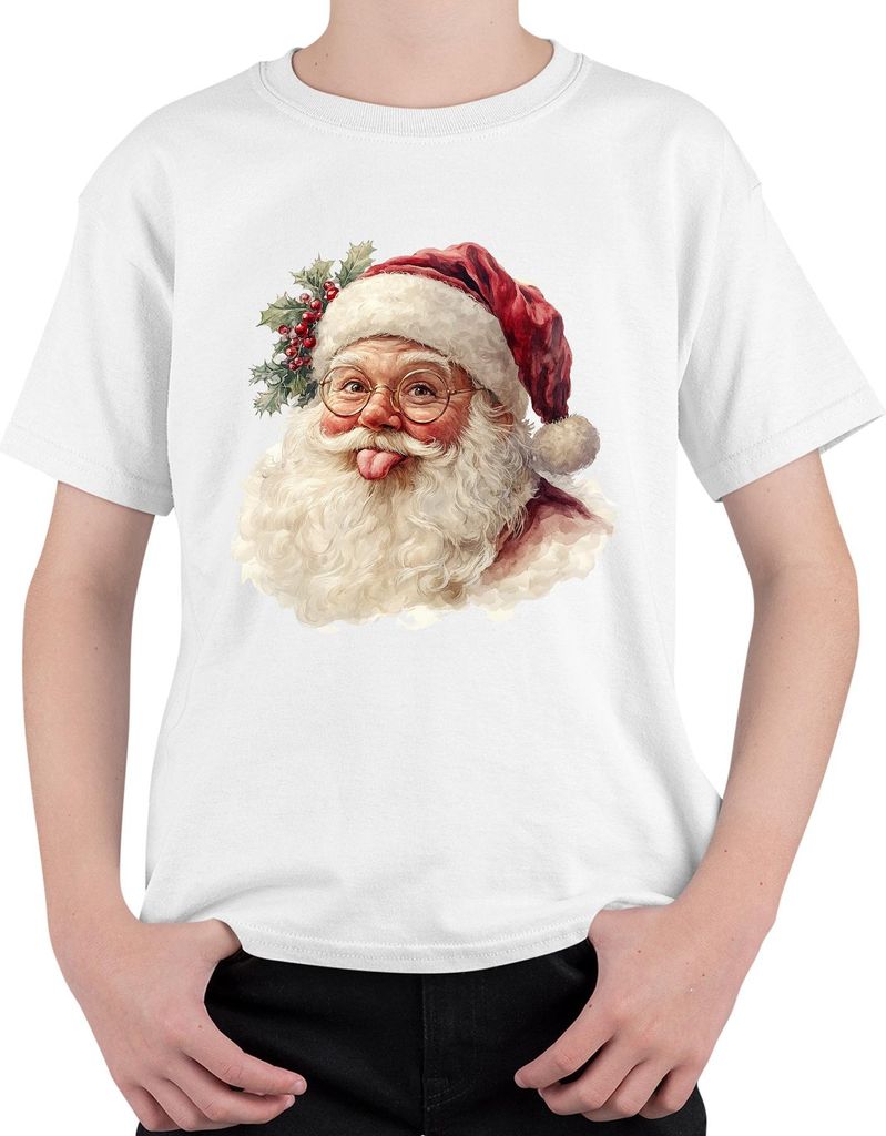Weihnachtsmann Zunge raus Brille Stechpalme Lustig Aquarell Uni Kinder T-Shirt, Weiß, 140