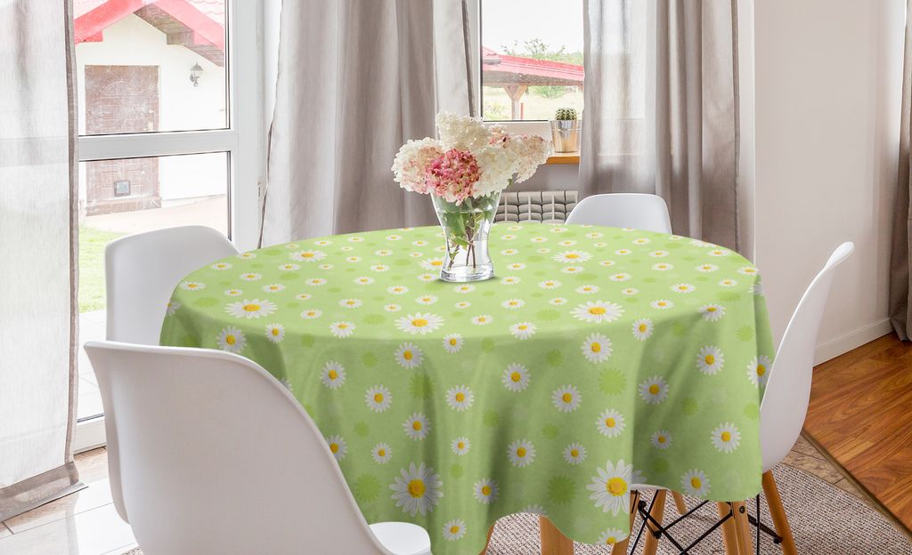 ABAKUHAUS Gelb und Grün Runde Tischdecke, Frühlings-Gänseblümchen, Kreis Tischdecke Abdeckung für Esszimmer Küche Dekoration, 150 cm, Pistazi...