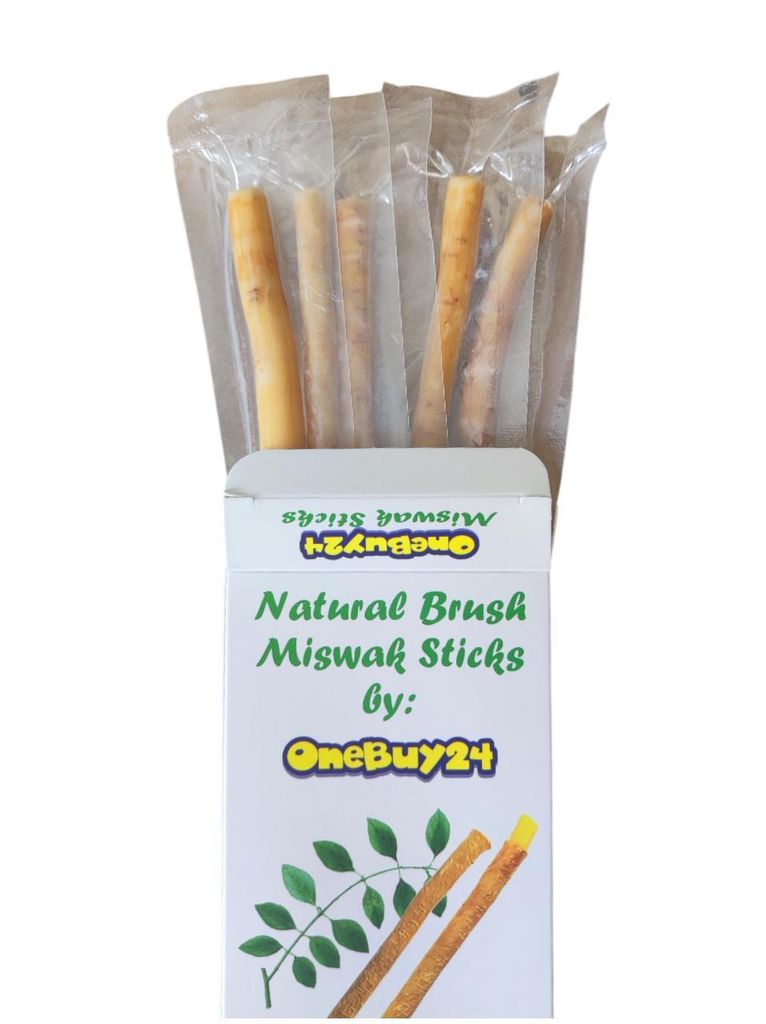 A box of miswak sticks, with several sticks visible protruding from the top.