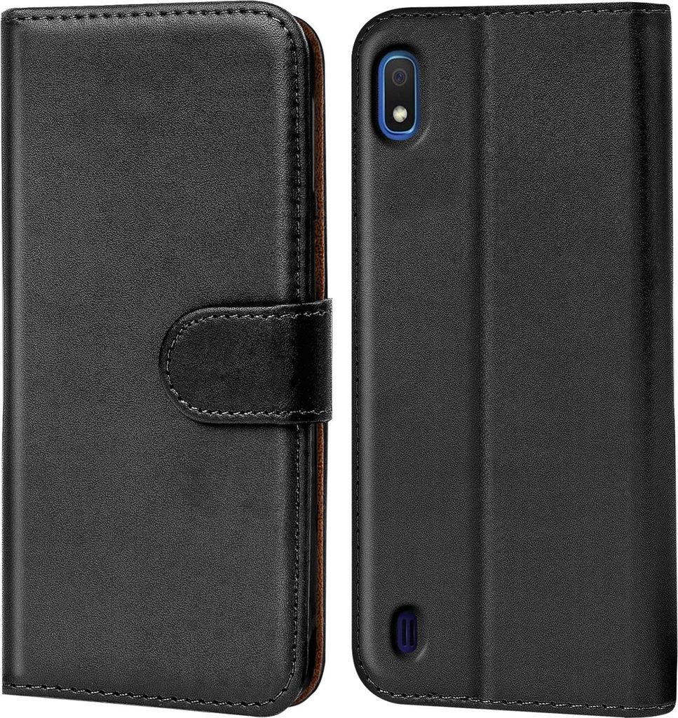 A black flip case for a smartphone, shown from the front and back.