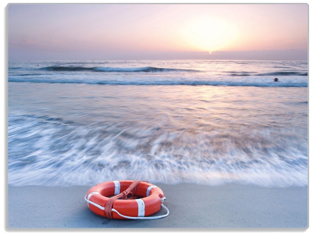 Wallario Glasunterlage, Schneidebrett aus Glas, Größe 30 x 40 cm, Motiv Rettungsring am Strand bei Sonnenuntergang