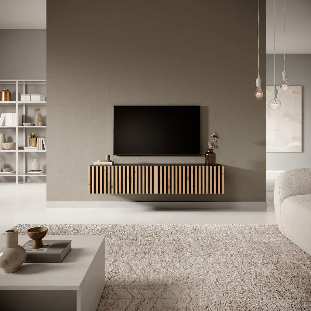 Meuble TV Salon 140 cm Telire Noir et Bois pour Décoration Moderne
