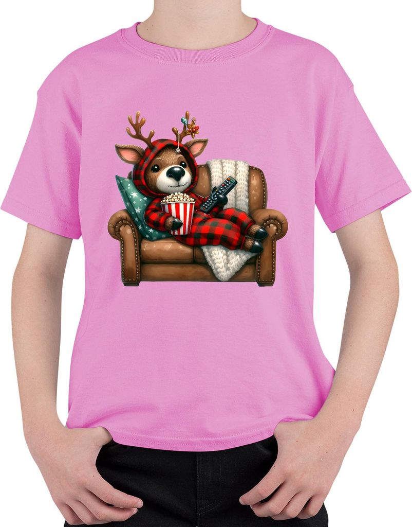 Weihnachtsrentier Kuschelig Popcorn Sofa Filmabend Geschenk Uni Kinder T-Shirt, Pink, 116