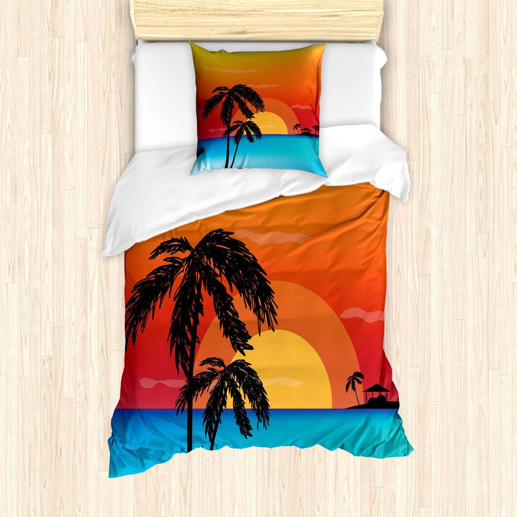 ABAKUHAUS Oase Bettbezug Set für Einzelbetten, Sonnenuntergang-Bäume und EIN Ozean, Milbensicher Allergiker geeignet mit Kissenbezug, 135 cm x 20...