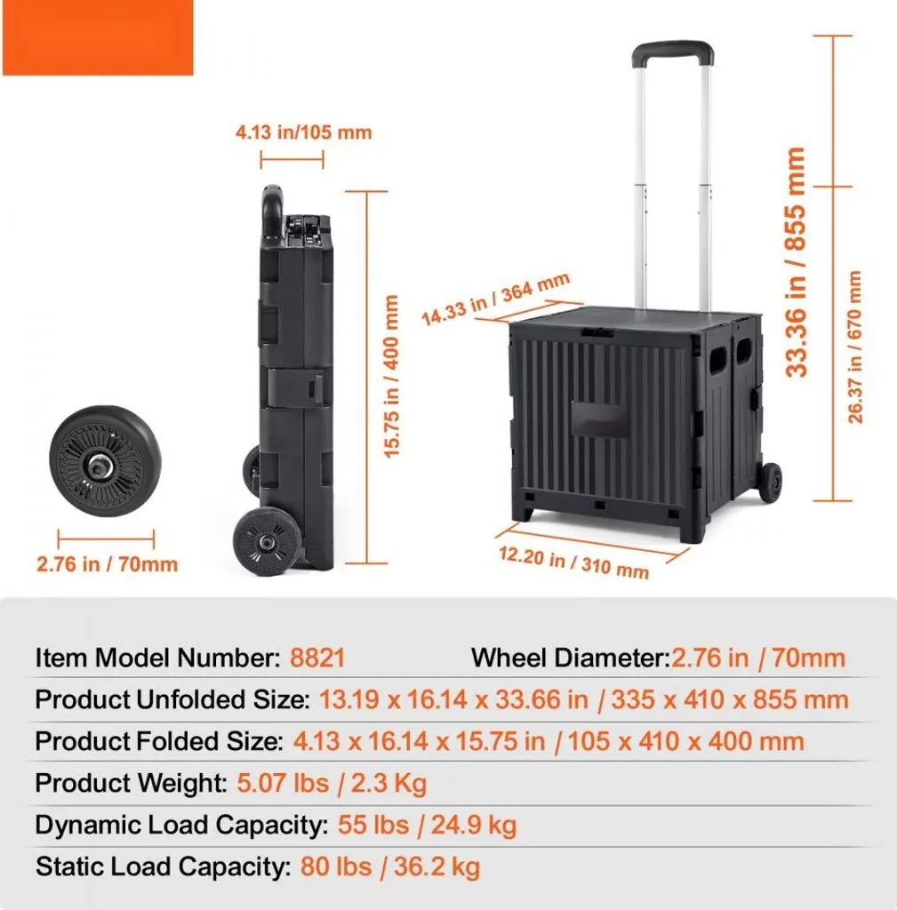 Trolley de course pliable en PP - Chariot avec bac rigide rétractable