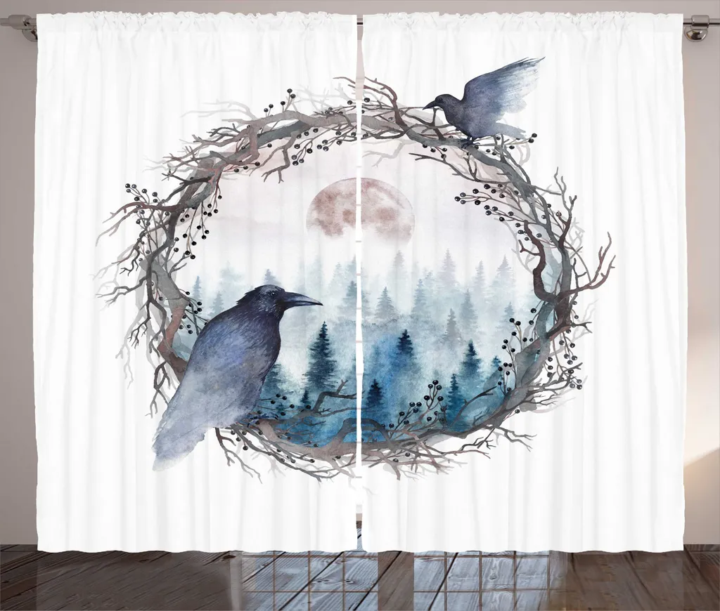 Rideaux de salon universels à motif aquarelle forêt et corbeau 280x225