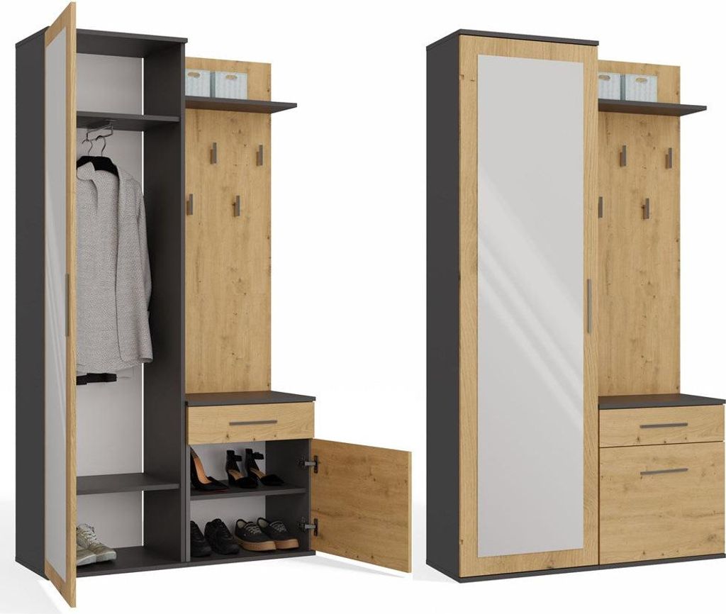 Kleiderschrank „DUO“ mit Spiegel – Kleiderschrank, Schublade, Kleiderbügel & Schrank | Farbe: Anthrazit/Artisan Oak