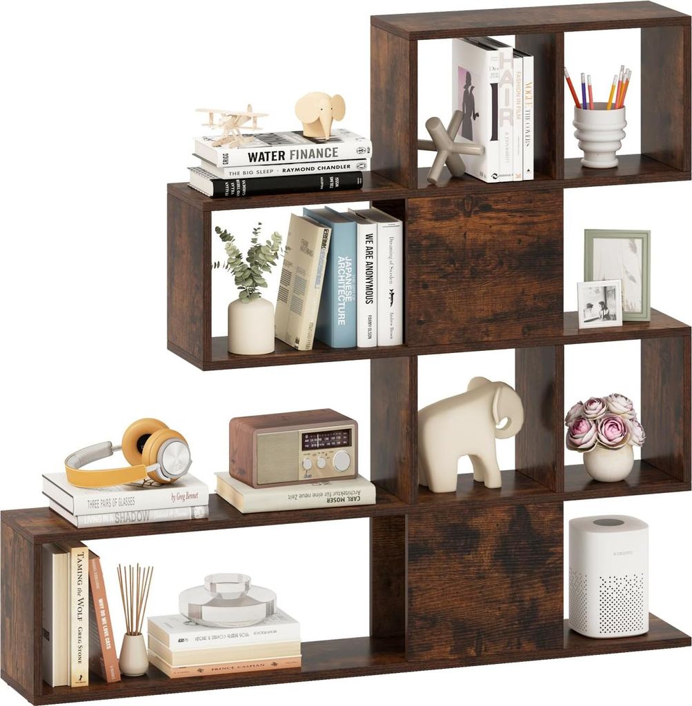 GOPLUS Bücherregal mit 10 Fächern, Stufenregal aus Holz, Treppenregal Holzregal für Schlafzimmer & Wohnzimmer, 120 x 20 x 109 cm (Braun)