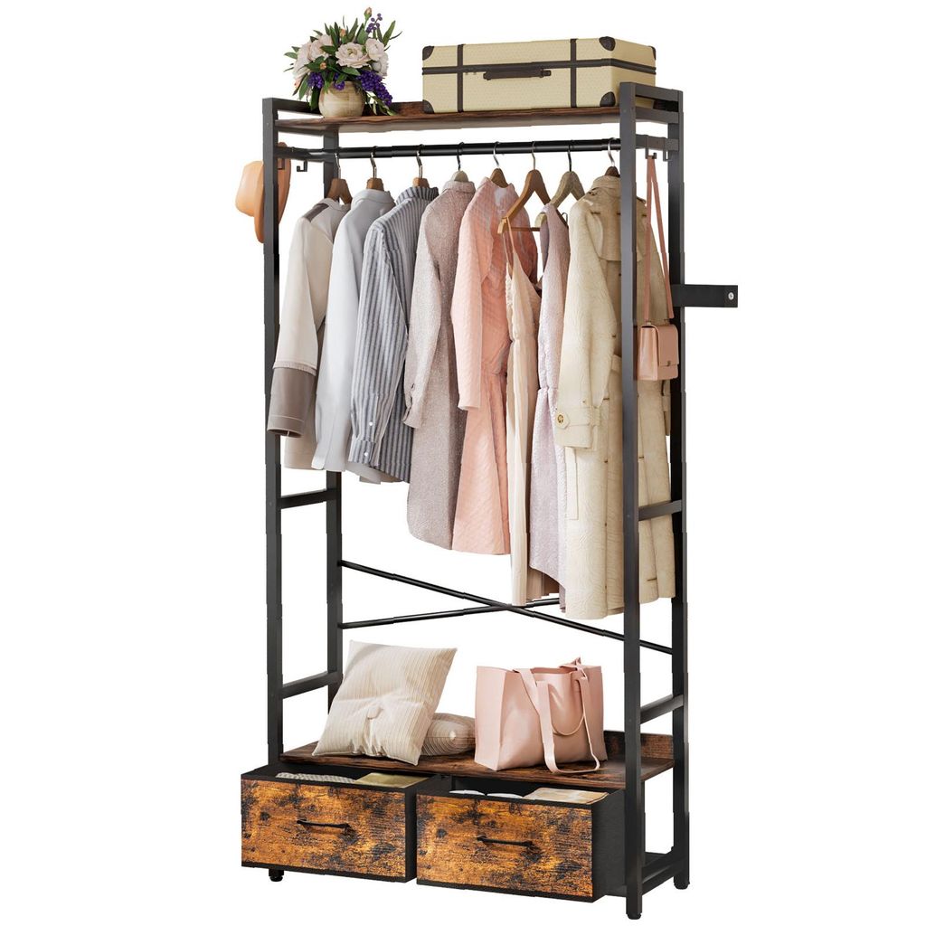 Yorbay Kleiderständer Garderobenständer mit 2 Schubladen & Aufbewahrungsbox,84x30x181 cm 180kg Traglast,Retro Design für Schlafzimmer, Flur