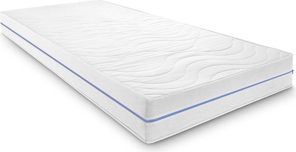 A white mattress with a blue stripe is shown against a white background.
