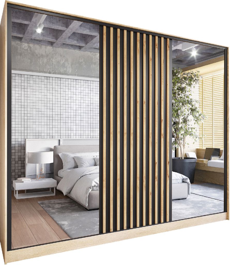 Schiebeschrank mit Spiegel und Schubladen SELLI D 270 sonoma / wotan eiche / schwarz Schlafzimmerschrank Garderobenschrank