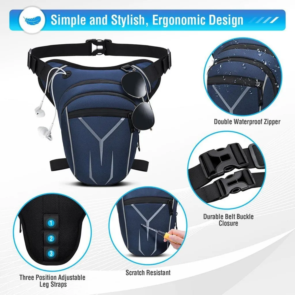 Sacoche de jambe moto imperméable bleue avec multipoches réglables - 5