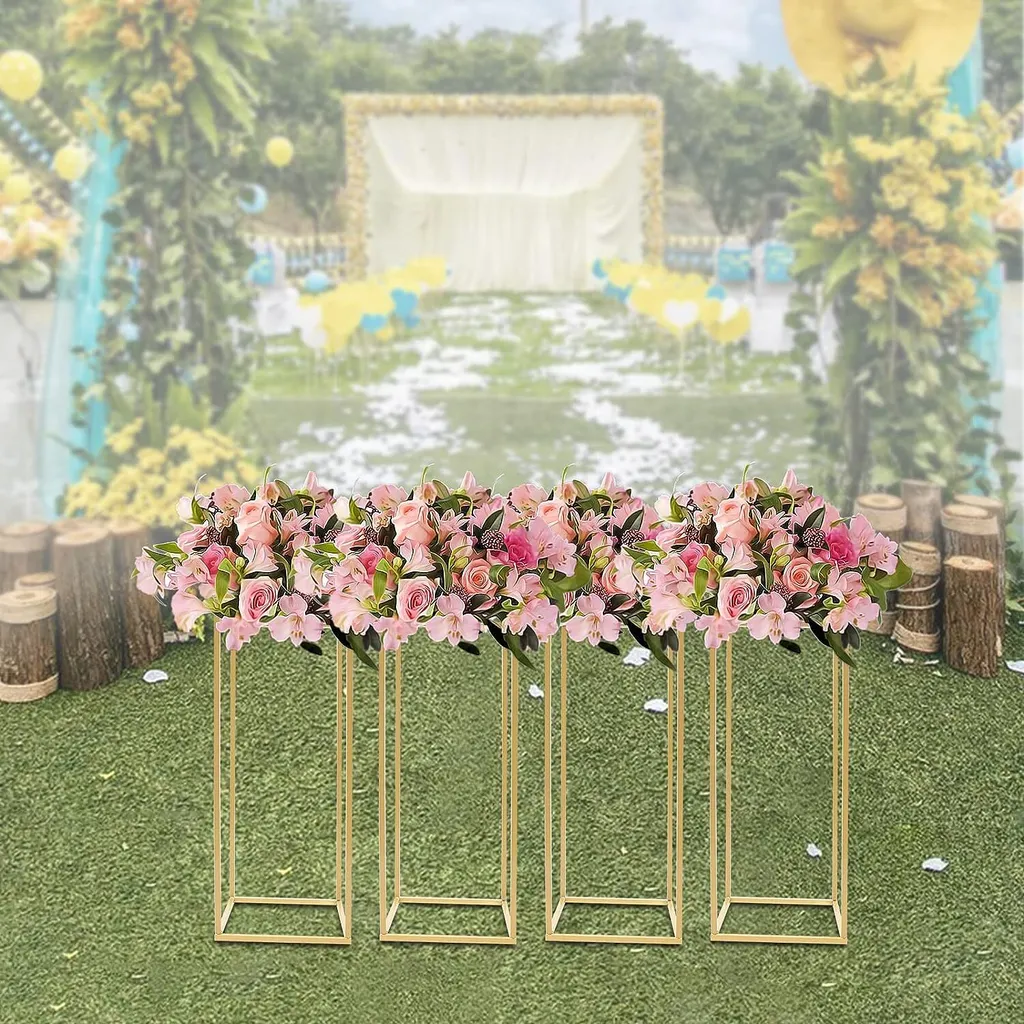 Colonne de fleurs dorée et support de vase design pour réception chic