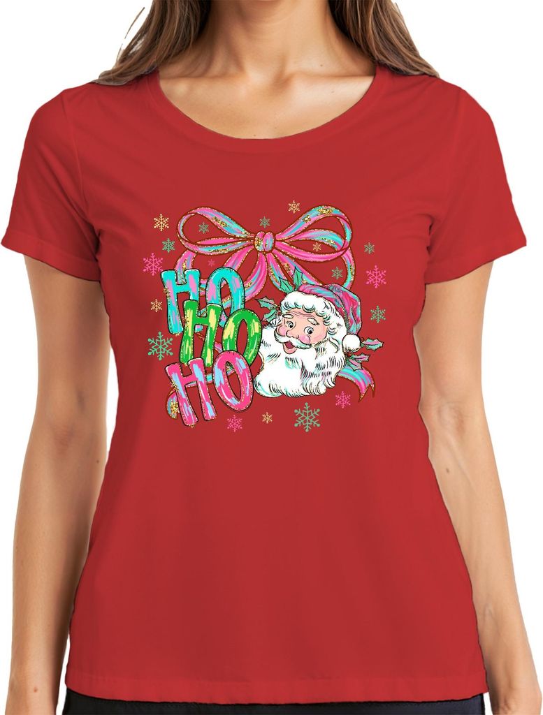 Ho Ho Ho Weihnachtsmann Schleife Schneeflocken Retro Geschenk Damen T-Shirt, Rot, S