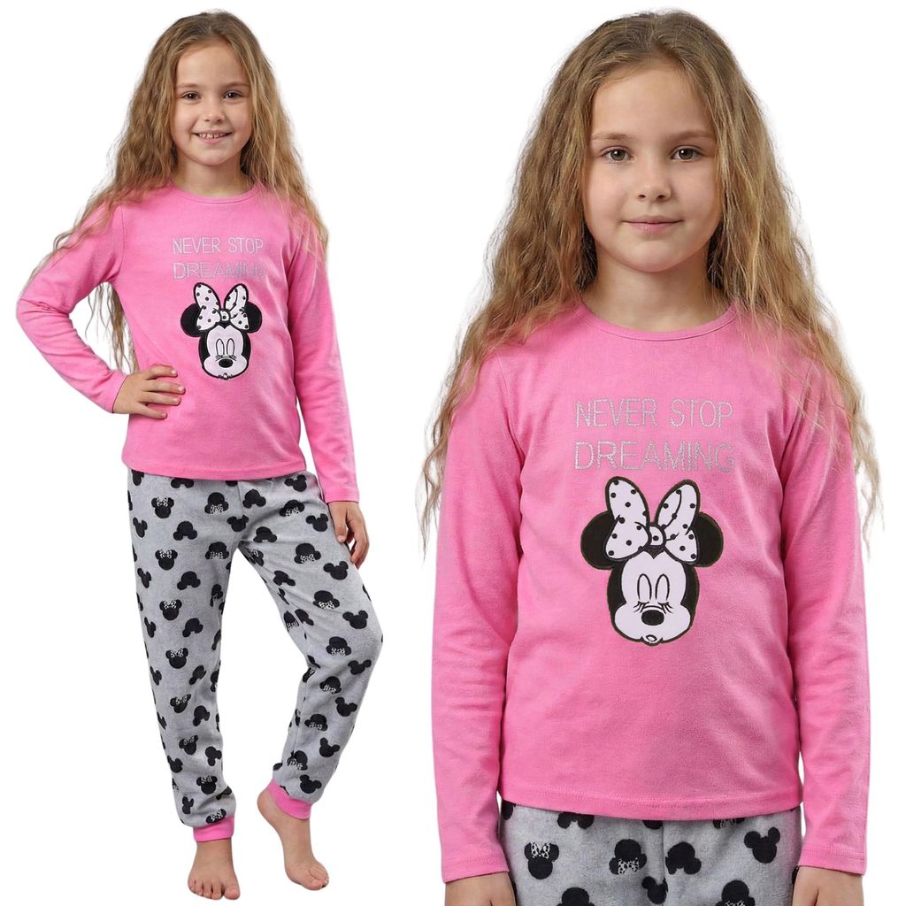 DISNEY Minnie Mouse Fleece-Pyjama für Mädchen, zweiteiliger Schlafanzug mit langen Ärmeln, warm 128