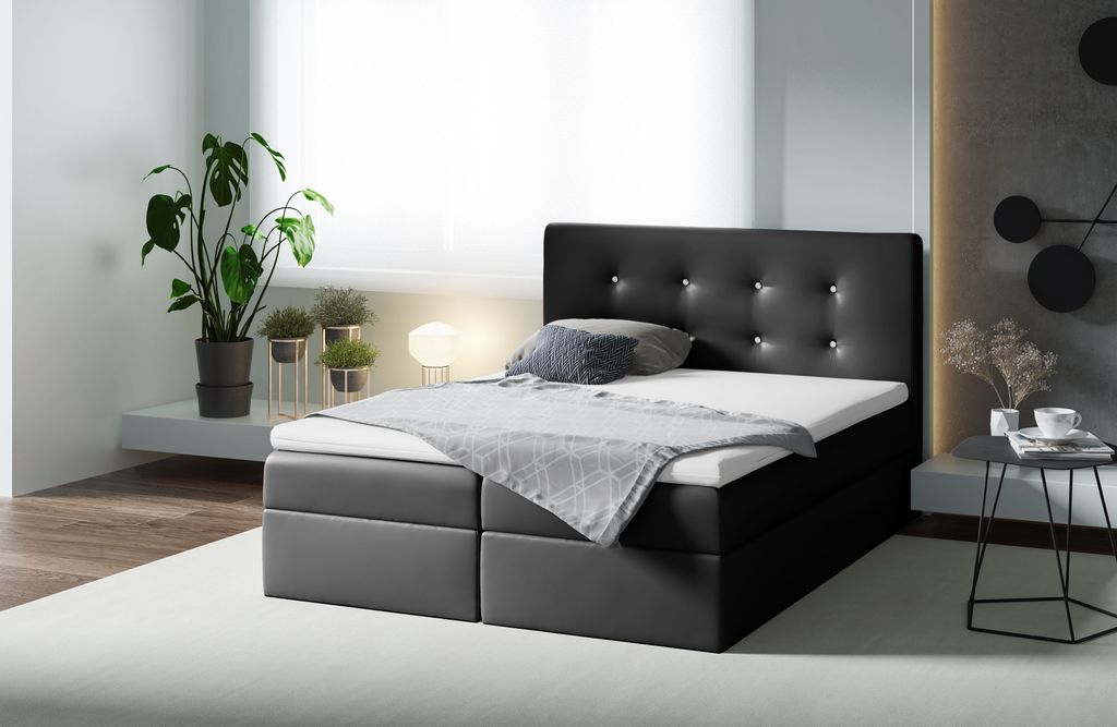 Boxspringbett MENZIE , Pocket Matraze Topper , 160 x 200 cm , ( Schwarz , Kunstleder )