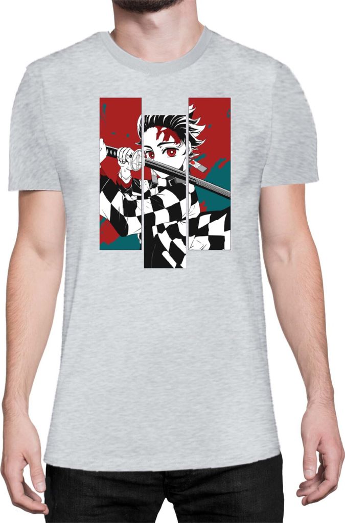 Herren T-Shirt Demon Anime Slayer Kimetsu No Yaiba Tanjiro Kamado 011, Man 2XL / Grau