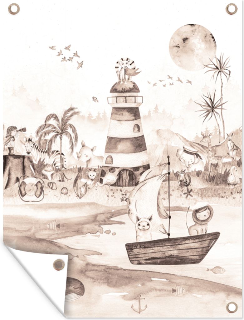 MuchoWow 90x120 cm Outdoor-Poster Gartendeko Sichtschutz Garten Poster für den Garten Strand - Kinder - Leuchtturm - Alpaka - Meer - Tiere