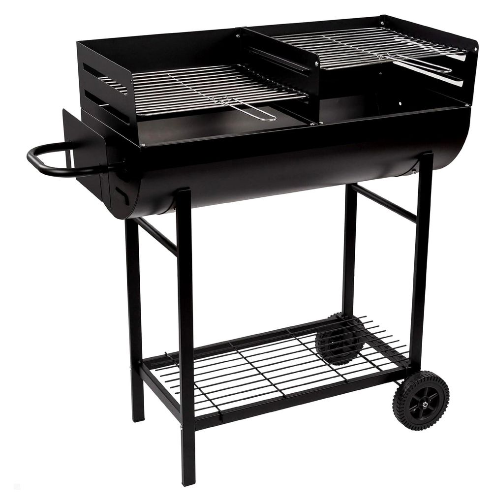 Holzkohle- und Holzgrill | Höhenverstellbar | Maße 97x42x96 cm | Doppelter Stahlgrill und abnehmbarer Aschetank | 2 Rollen für einfachen Transpo...