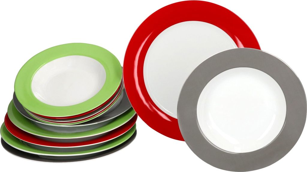 A stack of colorful plates and two individual plates.
