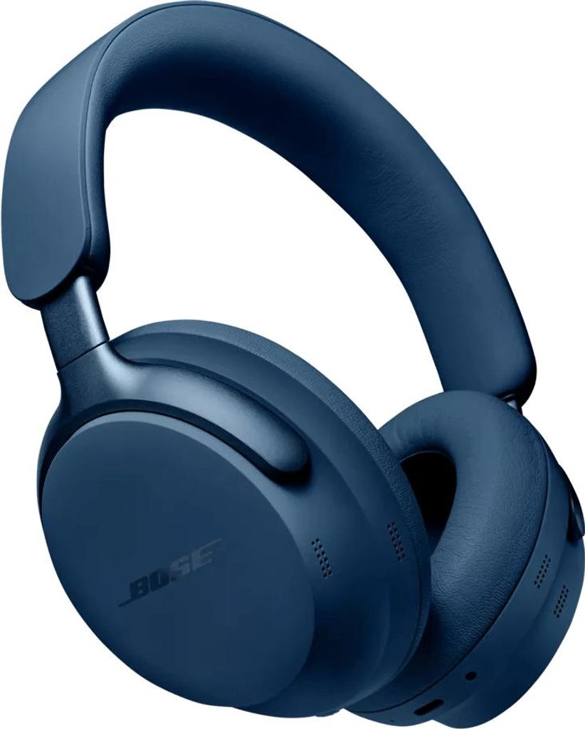 A pair of blue Bose headphones is shown against a white background.