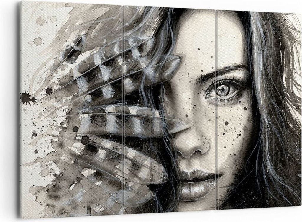 Bild auf Leinwand - Leinwandbild - Frau Federn Lippen Kunst. - 165x110cm - Wand Bild - Wanddeko - Leinwanddruck - Bilder - Kunstdruck - Wanddekorat...
