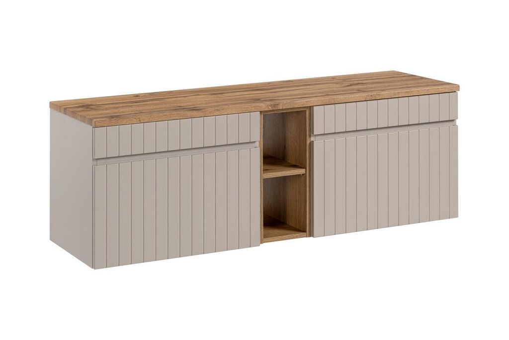 Badmöbel-Set 140 cm Mit Zwei Waschtischunterschrank (60 cm 1 Schubladen) , Iconic Cashmere I - Kaschmir/Evoke Eiche