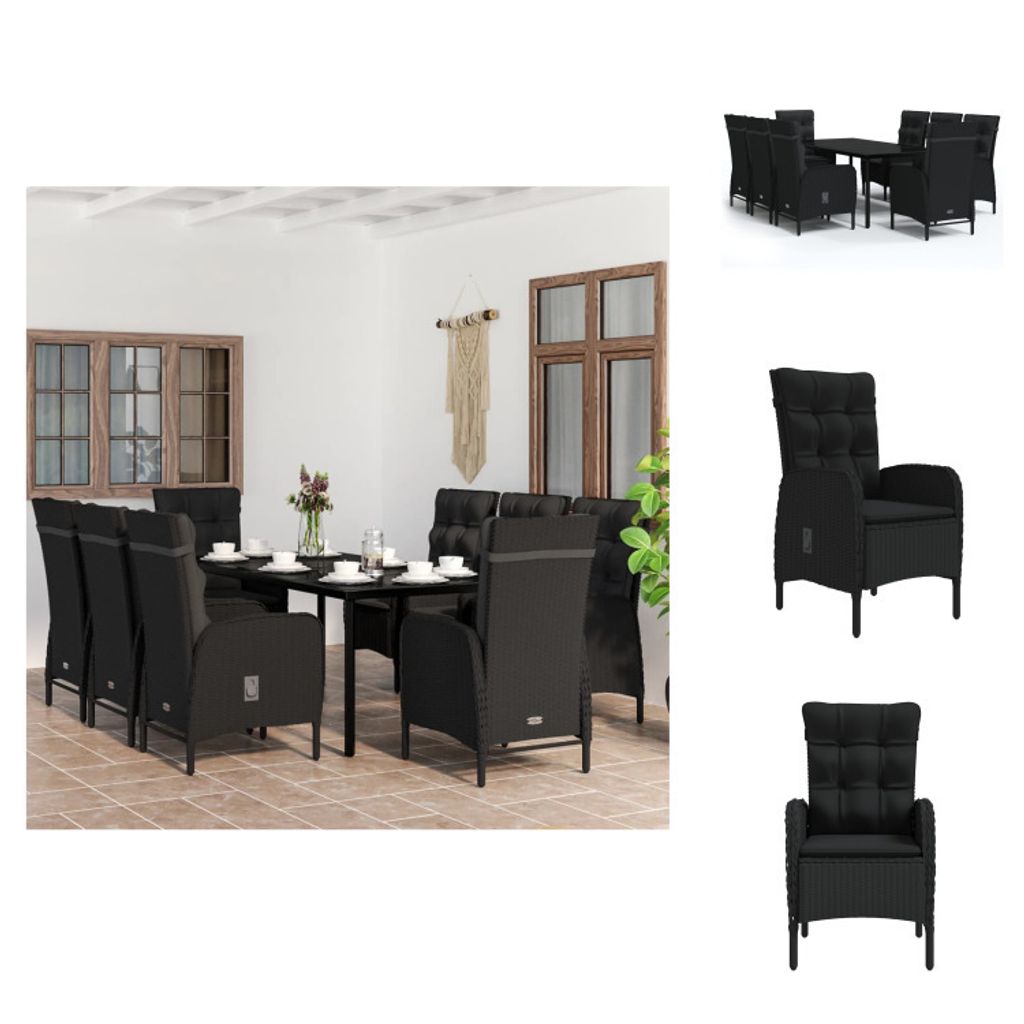 vidaXL 9-tlg. Garten-Essgruppe mit Kissen Schwarz - Gartenmöbel-Sets