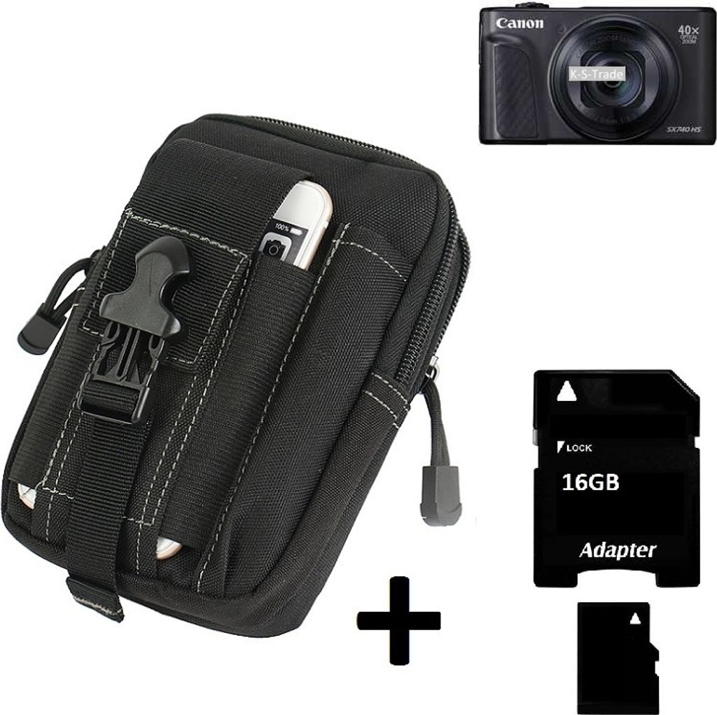 Kompatibel mit Canon PowerShot SX740 HS Gürteltasche / Holster schwarz Schutz Hülle Kameratasche Fototasche Case Bag + 16 GB Memorycard